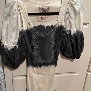 Hale Bob Black and Cream Puff-Sleeve Embroidered Tie-Dye Blouse